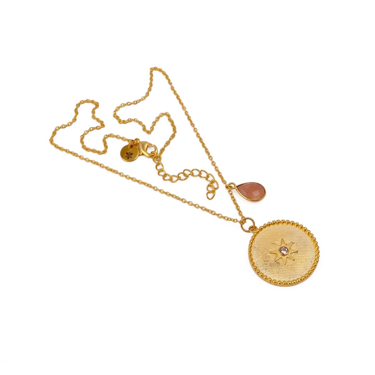 Gold Plated Starburst Medallion Necklace with Peach Moonstone Teardrop Charm 5318