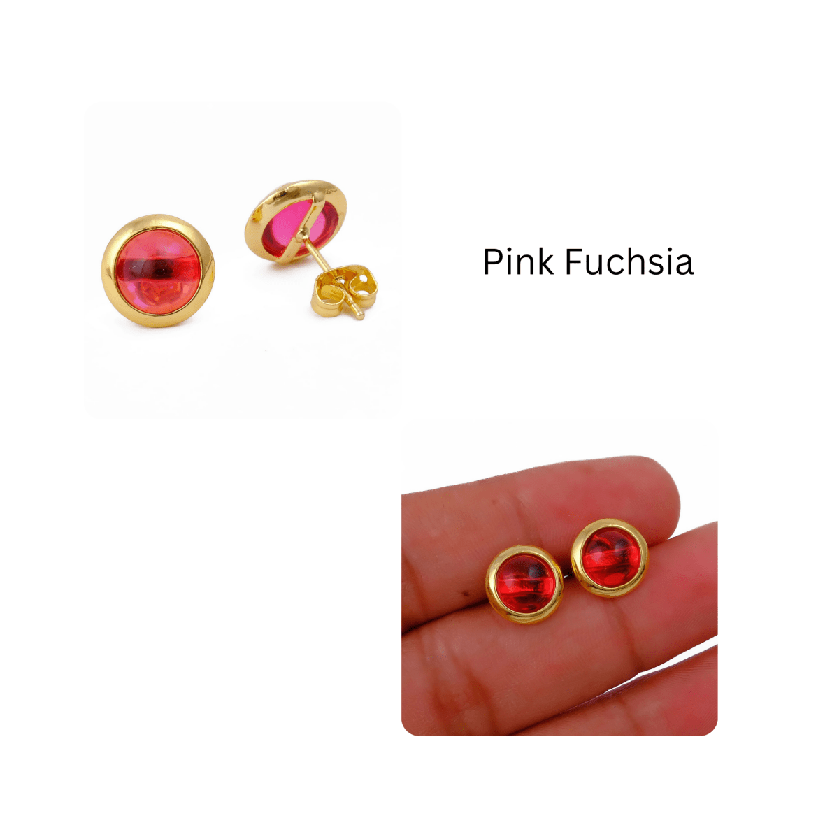 Gold Plated Stud Earrings with Pink Fuchsia Gemstone, Simple Elegant Jewelry CE - 1002
