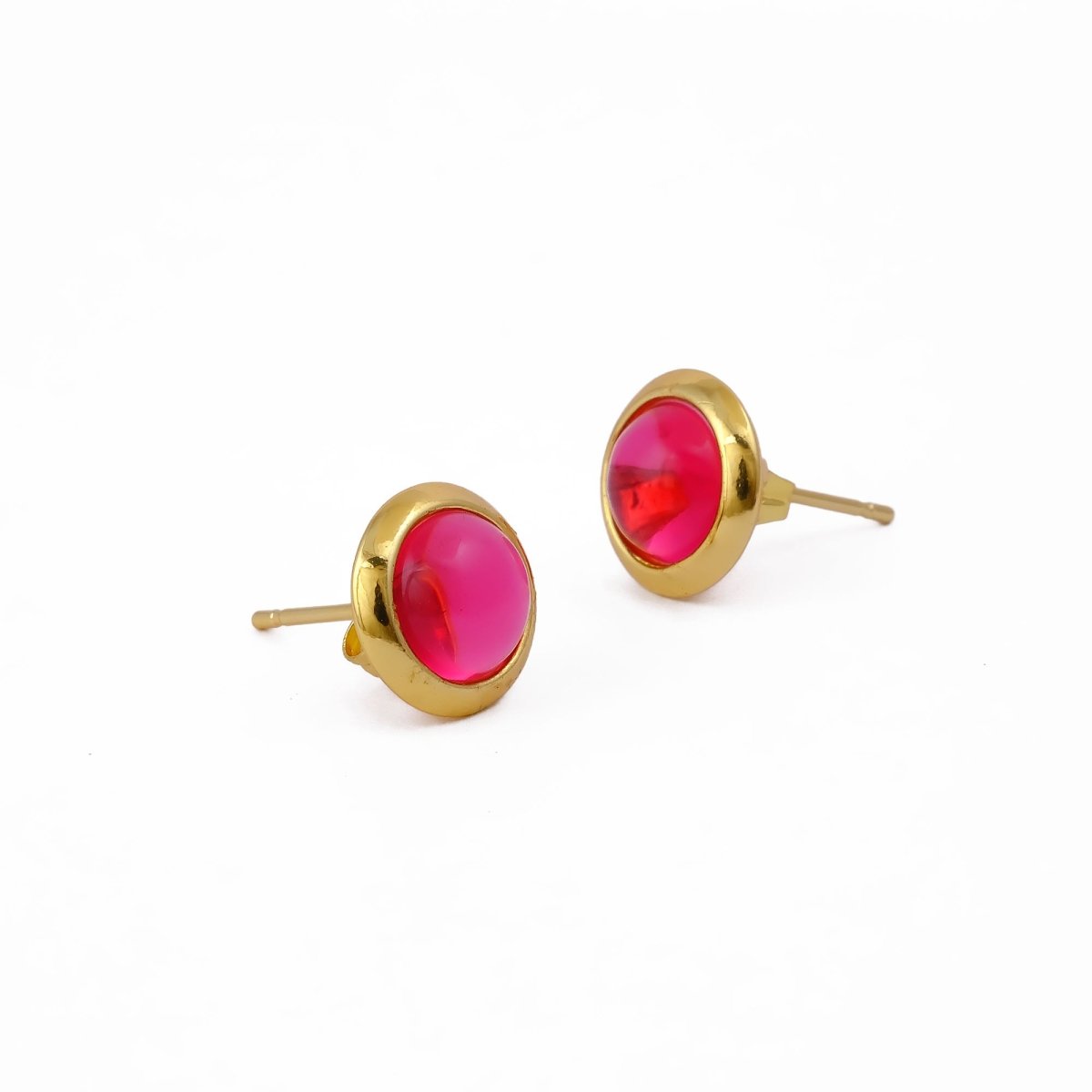 Gold Plated Stud Earrings with Pink Fuchsia Gemstone, Simple Elegant Jewelry CE - 1002