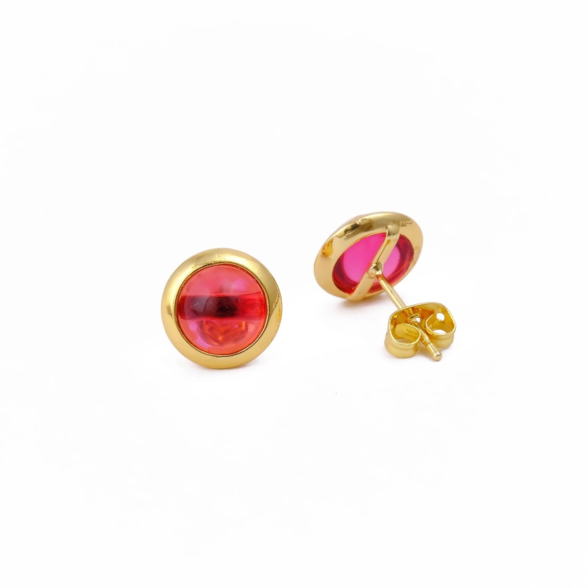Gold Plated Stud Earrings with Pink Fuchsia Gemstone, Simple Elegant Jewelry CE - 1002