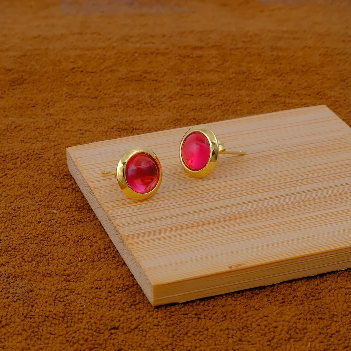 Gold Plated Stud Earrings with Pink Fuchsia Gemstone, Simple Elegant Jewelry CE - 1002
