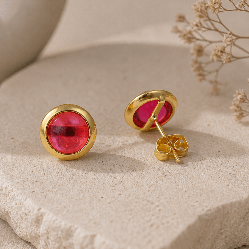 Gold Plated Stud Earrings with Pink Fuchsia Gemstone, Simple Elegant Jewelry CE - 1002