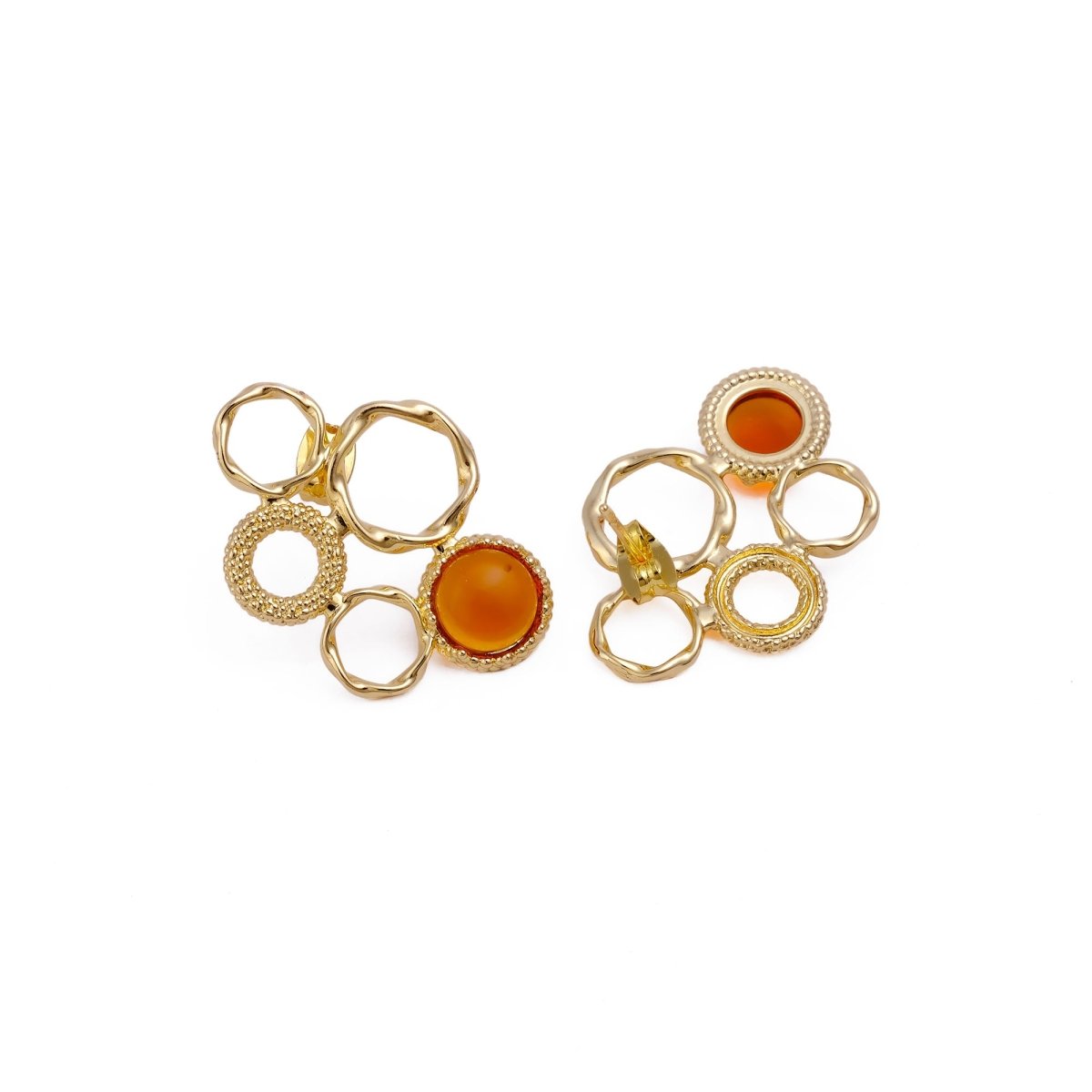 Gold Plated Textured Multi - Circle Stud Earrings With Pink Fuchsia Gemstone CE - 1017