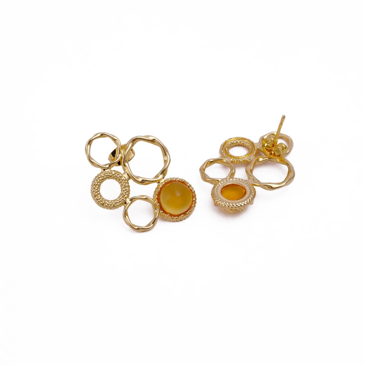 Gold Plated Textured Multi - Circle Stud Earrings With Pink Fuchsia Gemstone CE - 1017