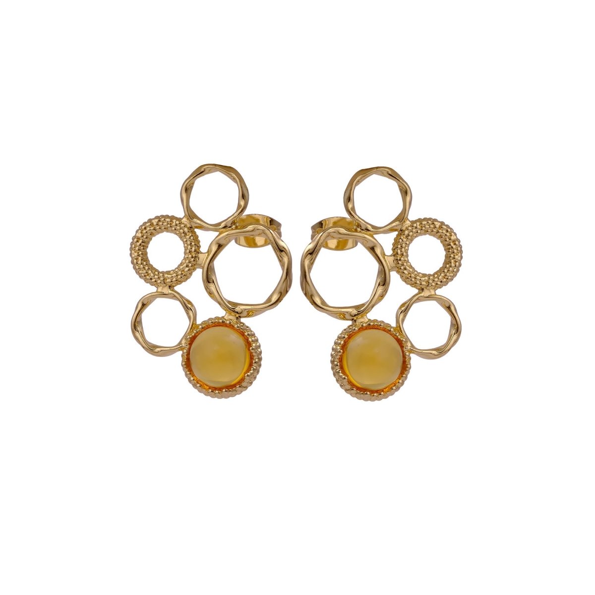 Gold Plated Textured Multi - Circle Stud Earrings With Pink Fuchsia Gemstone CE - 1017