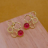 Gold Plated Textured Multi - Circle Stud Earrings With Pink Fuchsia Gemstone CE - 1017
