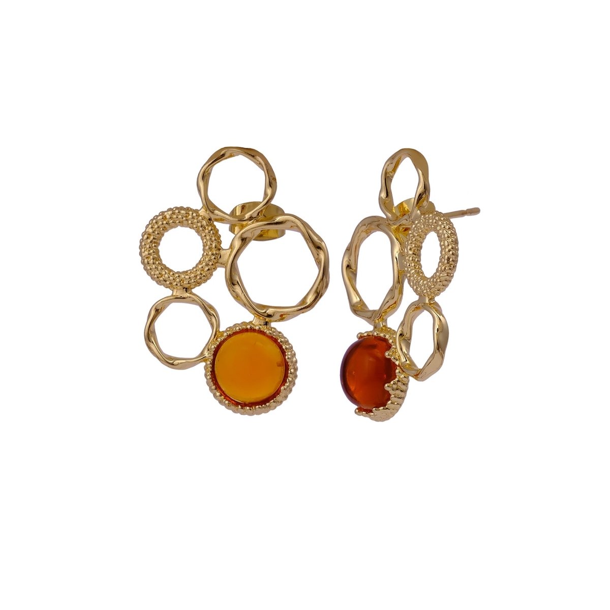 Gold Plated Textured Multi - Circle Stud Earrings With Pink Fuchsia Gemstone CE - 1017
