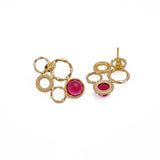 Gold Plated Textured Multi - Circle Stud Earrings With Pink Fuchsia Gemstone CE - 1017
