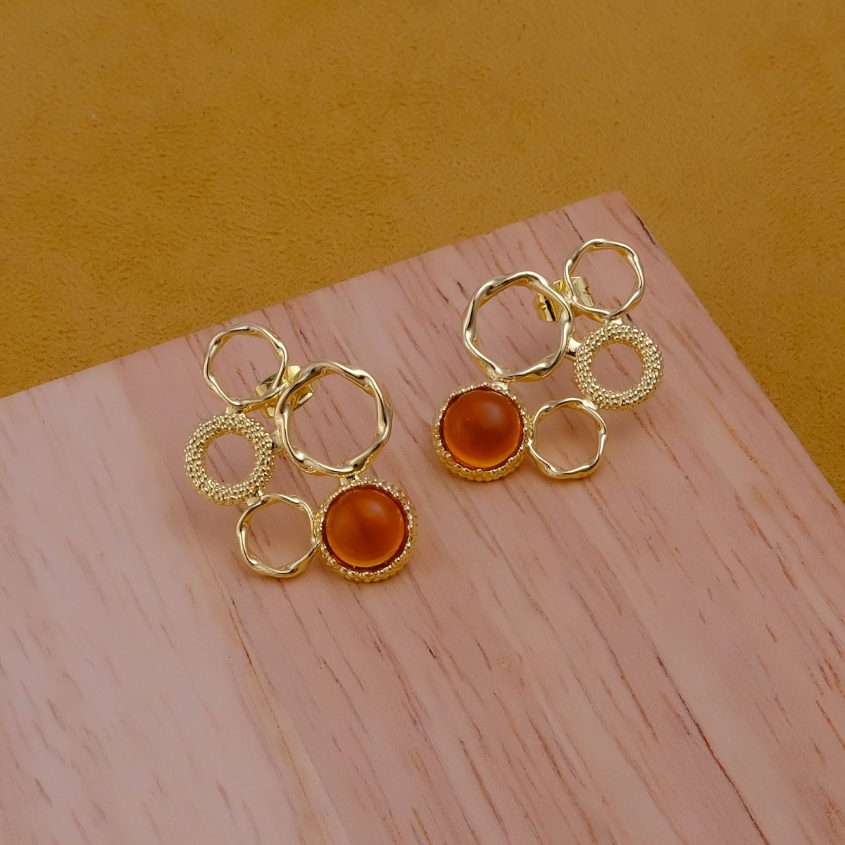 Gold Plated Textured Multi - Circle Stud Earrings With Pink Fuchsia Gemstone CE - 1017