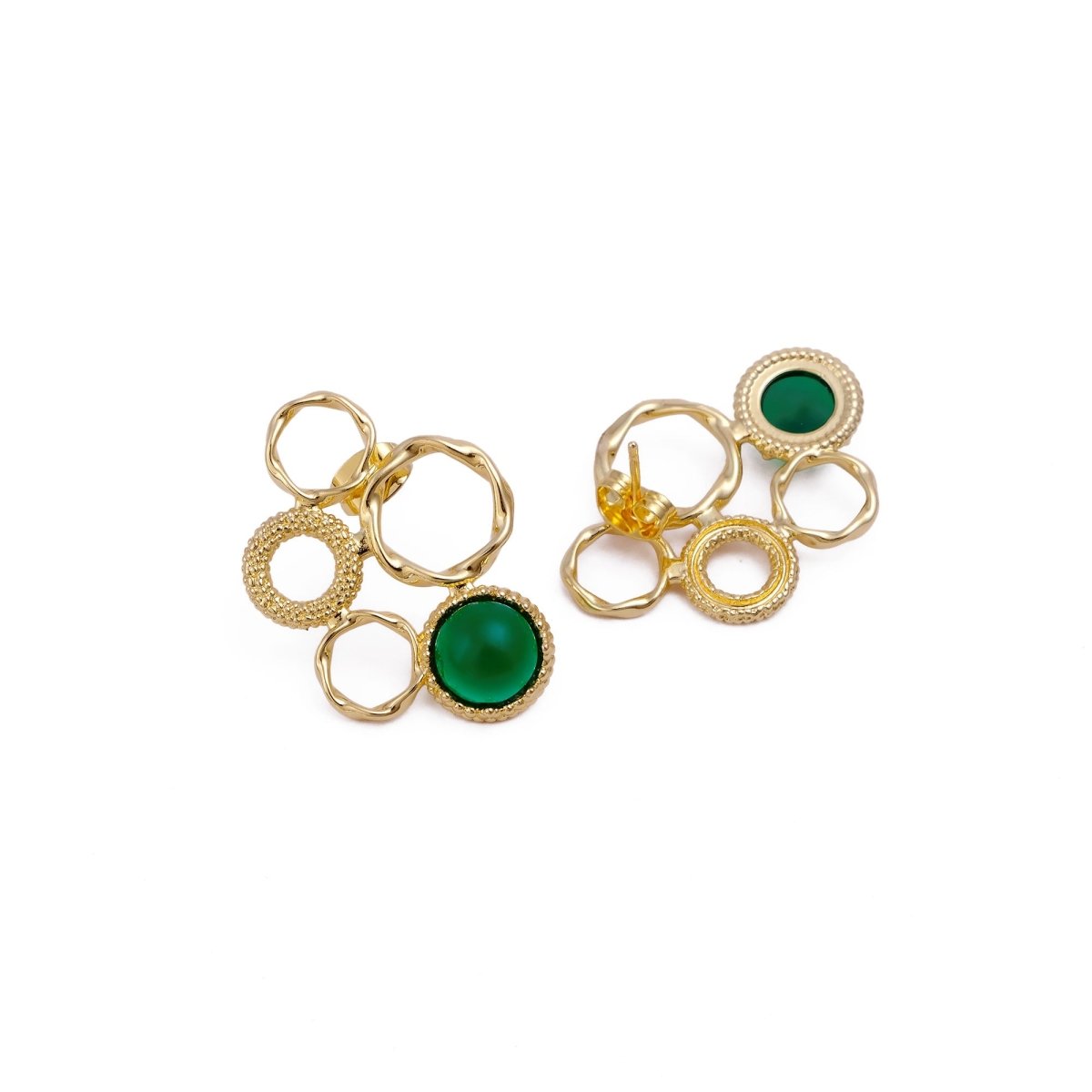 Gold Plated Textured Multi - Circle Stud Earrings With Pink Fuchsia Gemstone CE - 1017