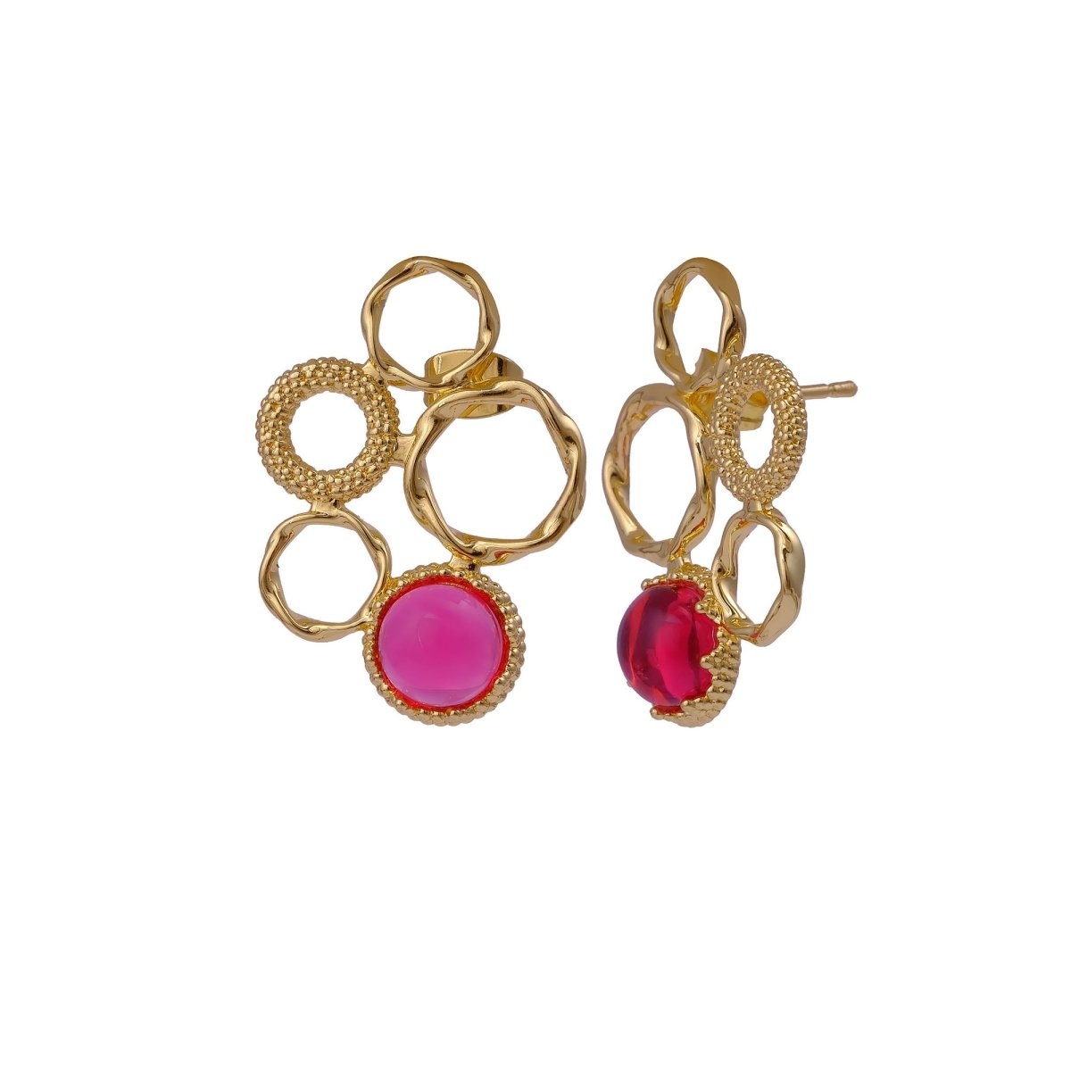 Gold Plated Textured Multi - Circle Stud Earrings With Pink Fuchsia Gemstone CE - 1017