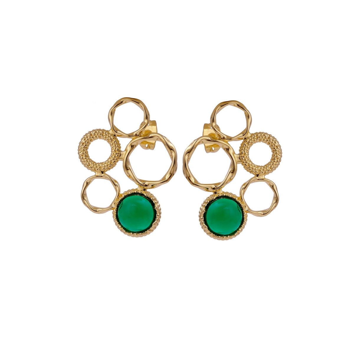 Gold Plated Textured Multi - Circle Stud Earrings With Pink Fuchsia Gemstone CE - 1017