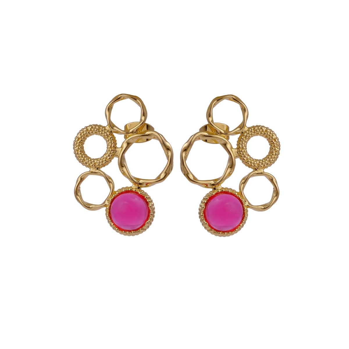 Gold Plated Textured Multi - Circle Stud Earrings With Pink Fuchsia Gemstone CE - 1017