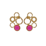 Gold Plated Textured Multi - Circle Stud Earrings With Pink Fuchsia Gemstone CE - 1017