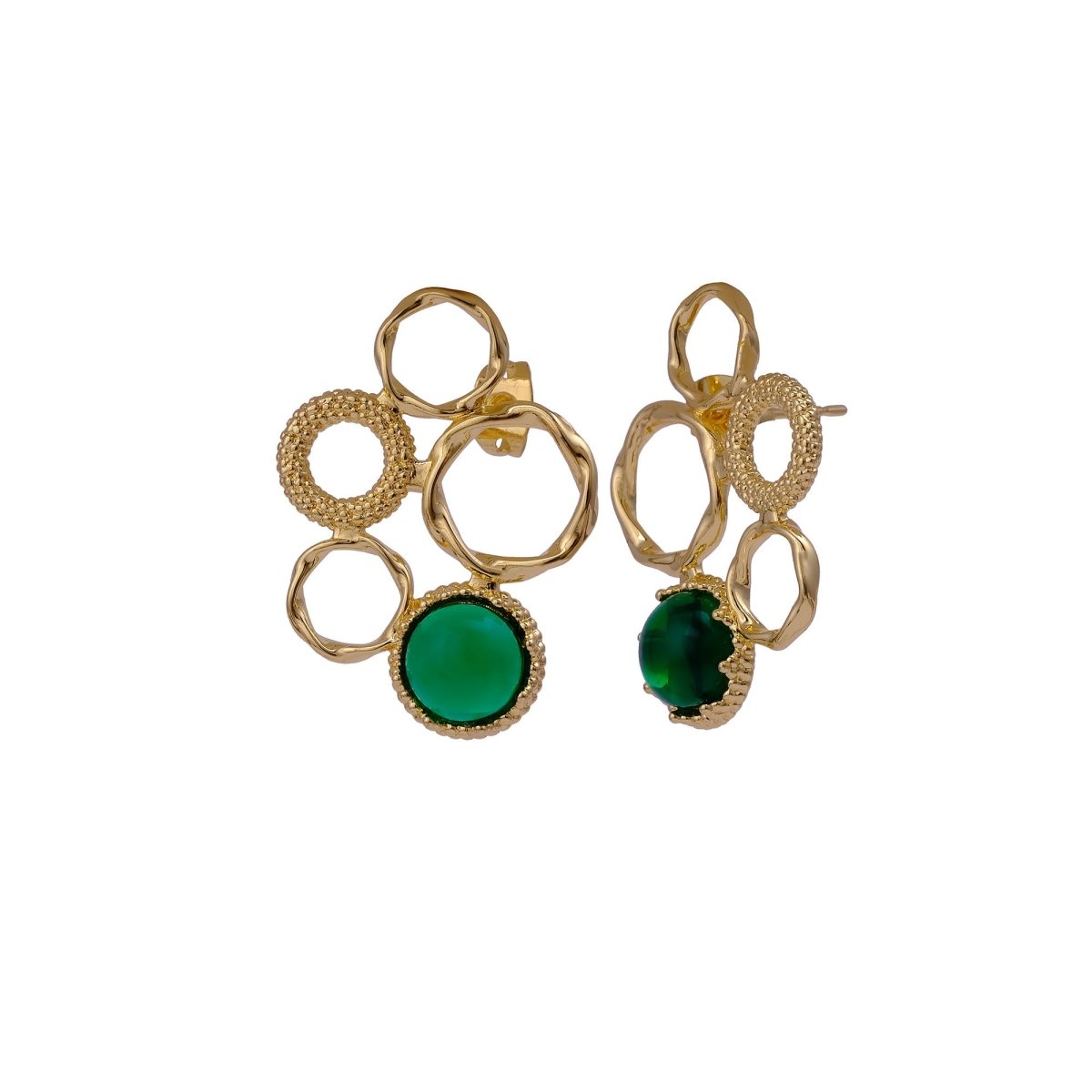 Gold Plated Textured Multi - Circle Stud Earrings With Pink Fuchsia Gemstone CE - 1017