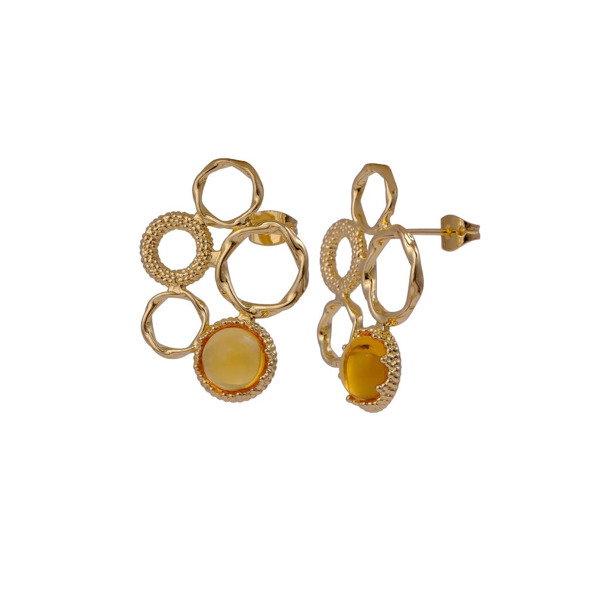 Gold Plated Textured Multi - Circle Stud Earrings With Pink Fuchsia Gemstone CE - 1017