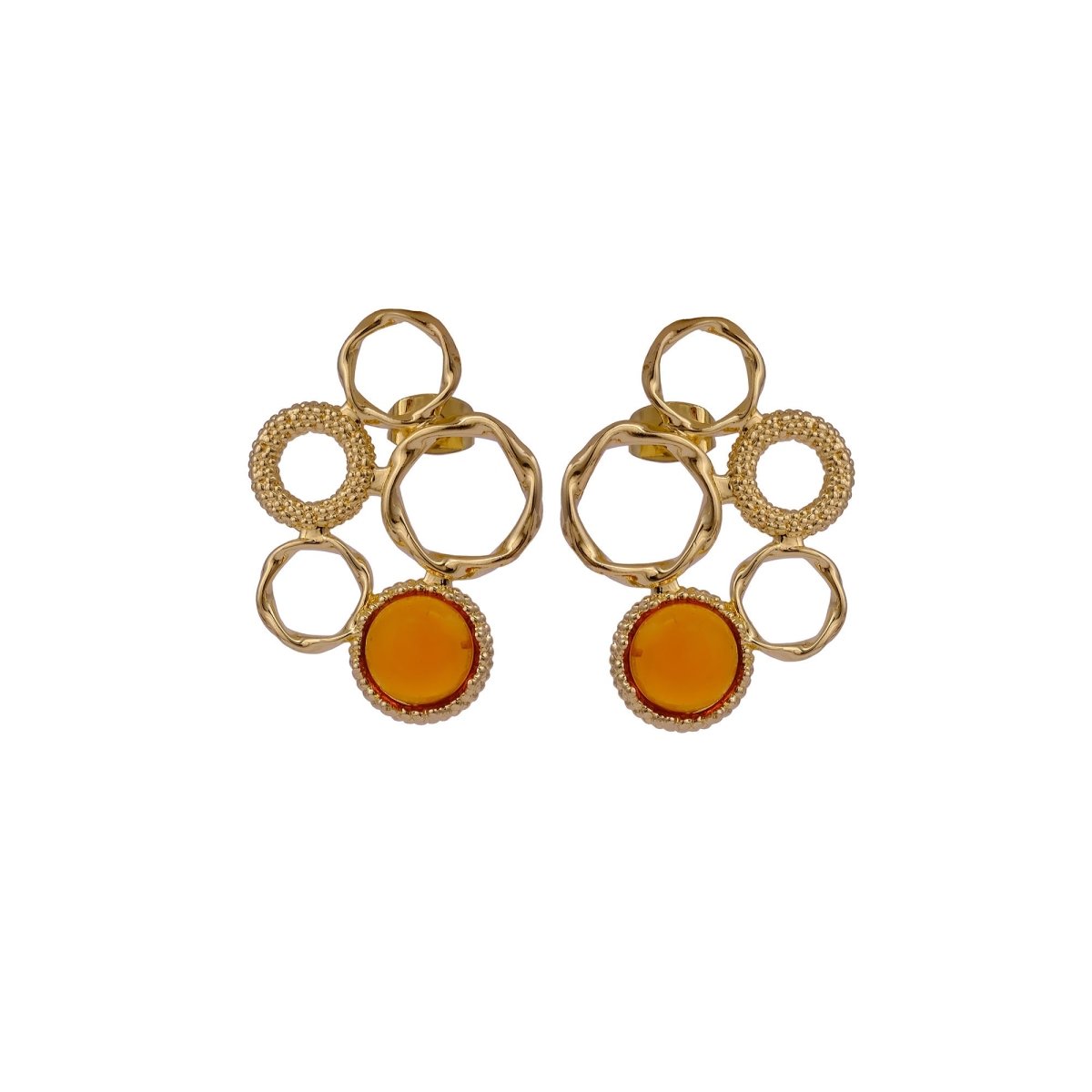 Gold Plated Textured Multi - Circle Stud Earrings With Pink Fuchsia Gemstone CE - 1017