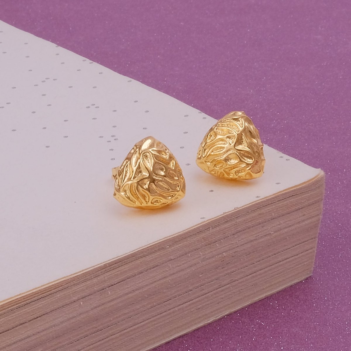 Gold Plated Textured Triangle Stud Earrings Modern Geometric Jewelry