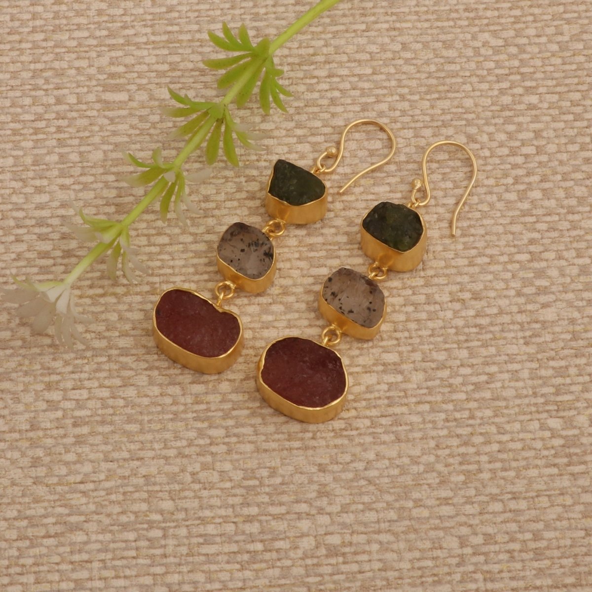 Gold Plated Triple Stone Drop Earrings, Minimalist Multi Raw Gemstone Earrings 5284