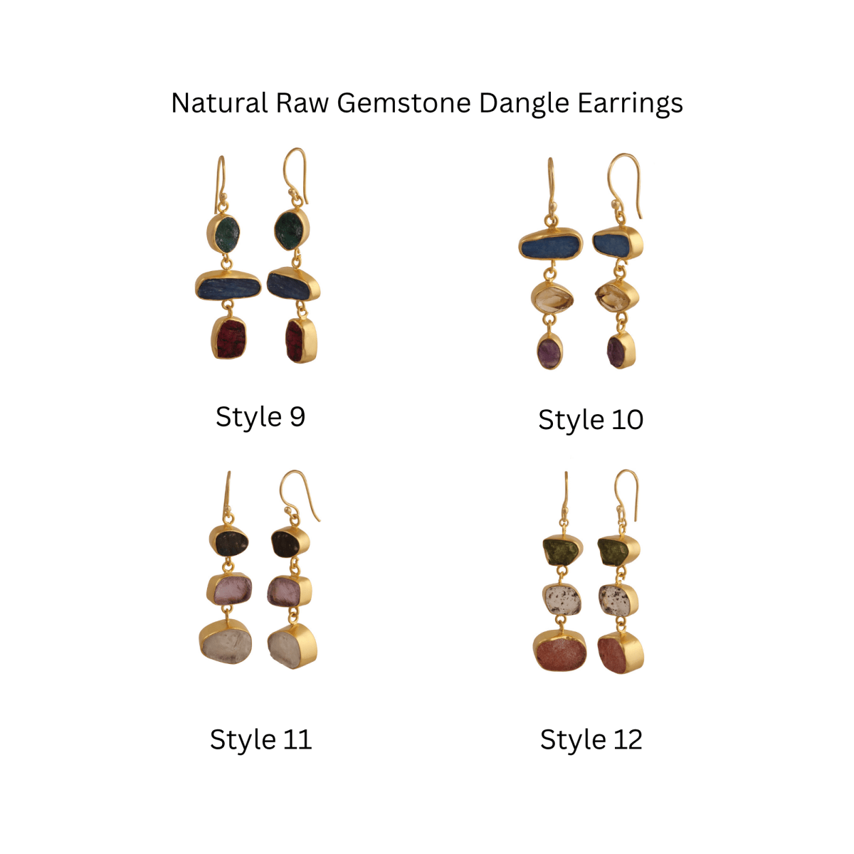 Gold Plated Triple Stone Drop Earrings, Minimalist Multi Raw Gemstone Earrings 5284