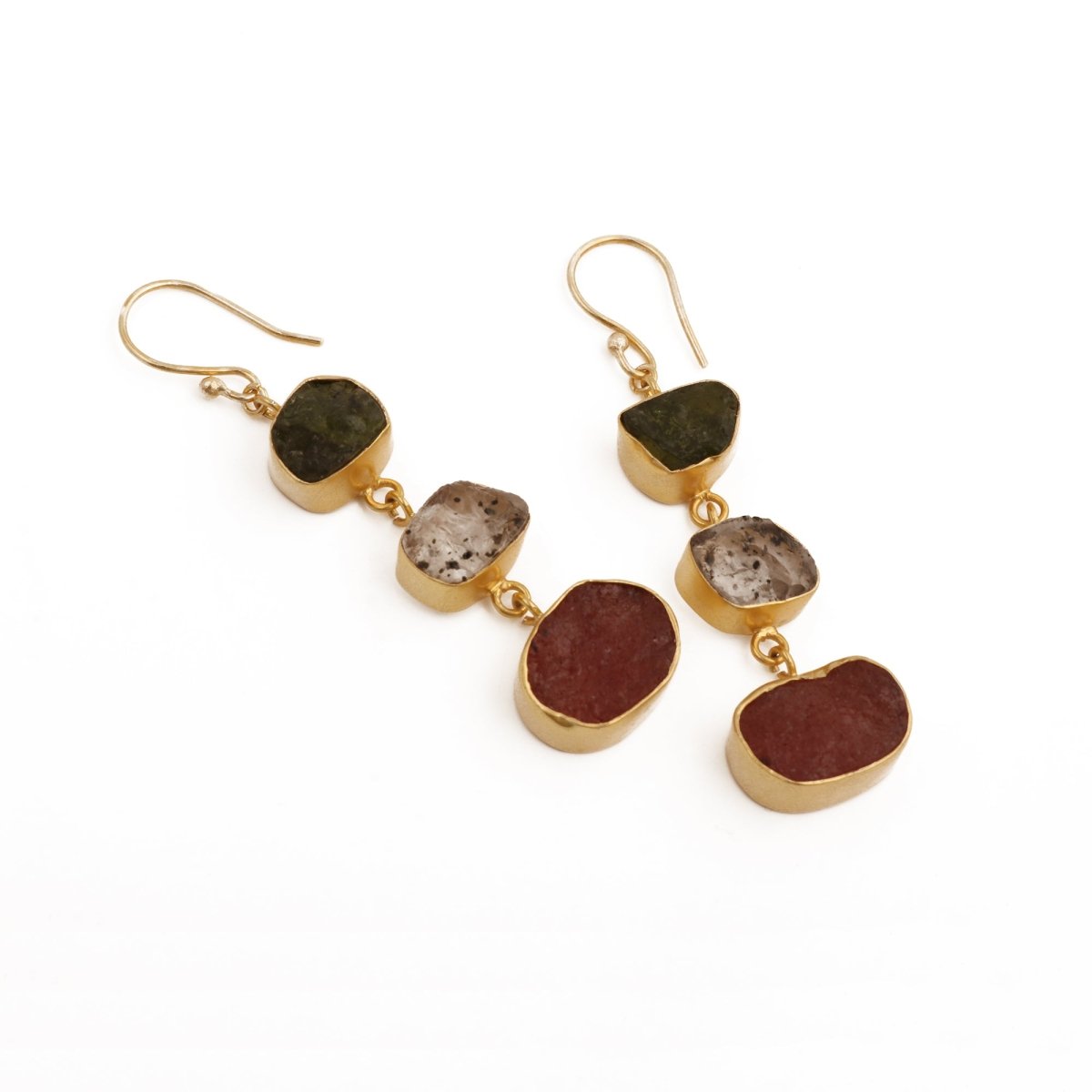 Gold Plated Triple Stone Drop Earrings, Minimalist Multi Raw Gemstone Earrings 5284