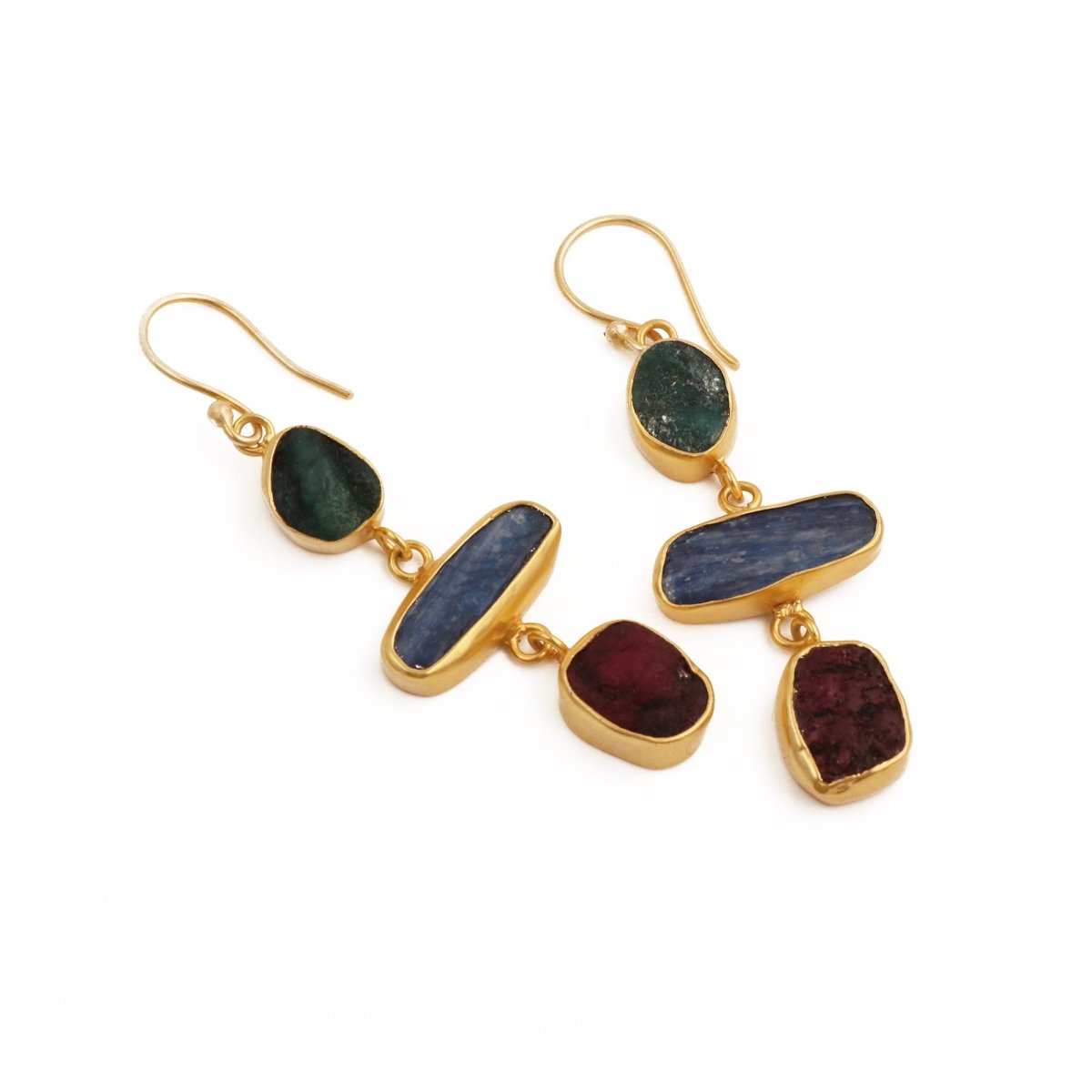 Gold Plated Triple Stone Drop Earrings, Minimalist Multi Raw Gemstone Earrings 5284