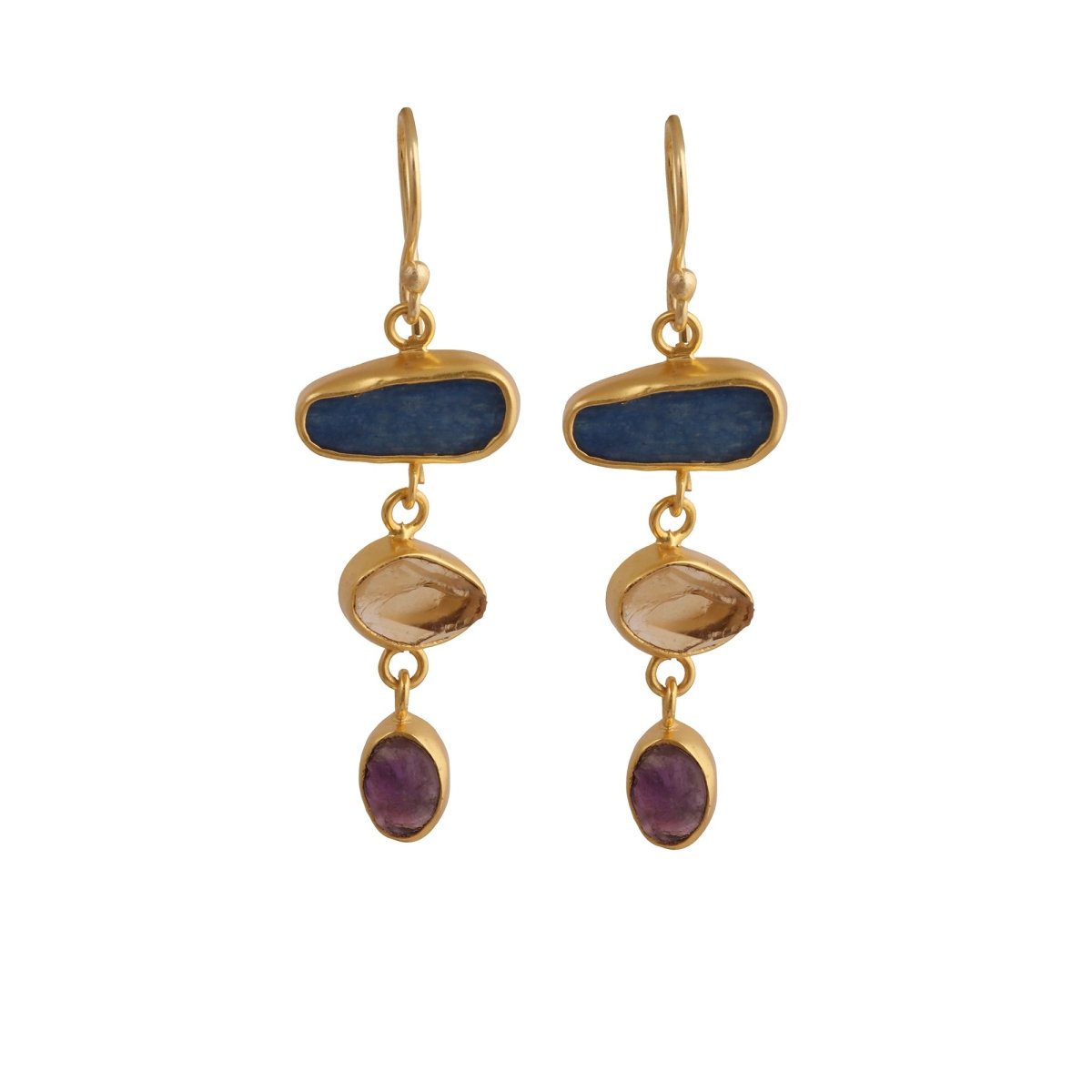Gold Plated Triple Stone Drop Earrings, Minimalist Multi Raw Gemstone Earrings 5284