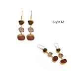 Gold Plated Triple Stone Drop Earrings, Minimalist Multi Raw Gemstone Earrings 5284
