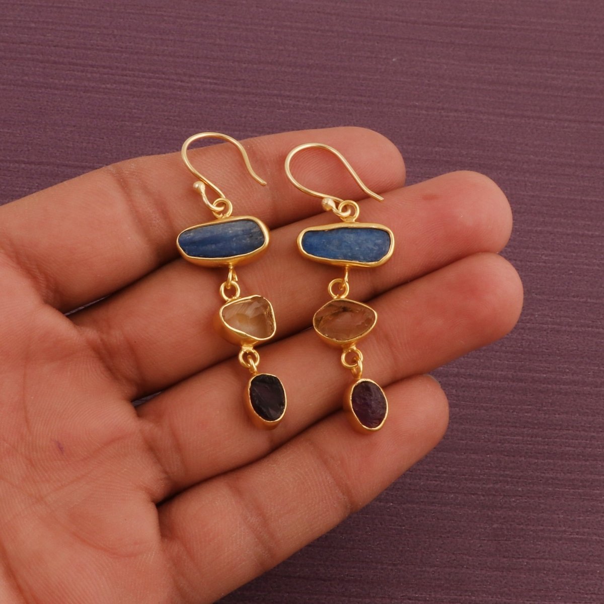 Gold Plated Triple Stone Drop Earrings, Minimalist Multi Raw Gemstone Earrings 5284