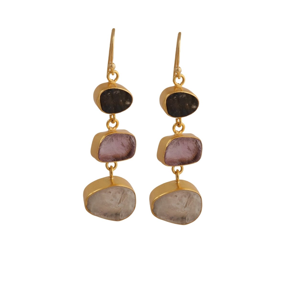 Gold Plated Triple Stone Drop Earrings, Minimalist Multi Raw Gemstone Earrings 5284