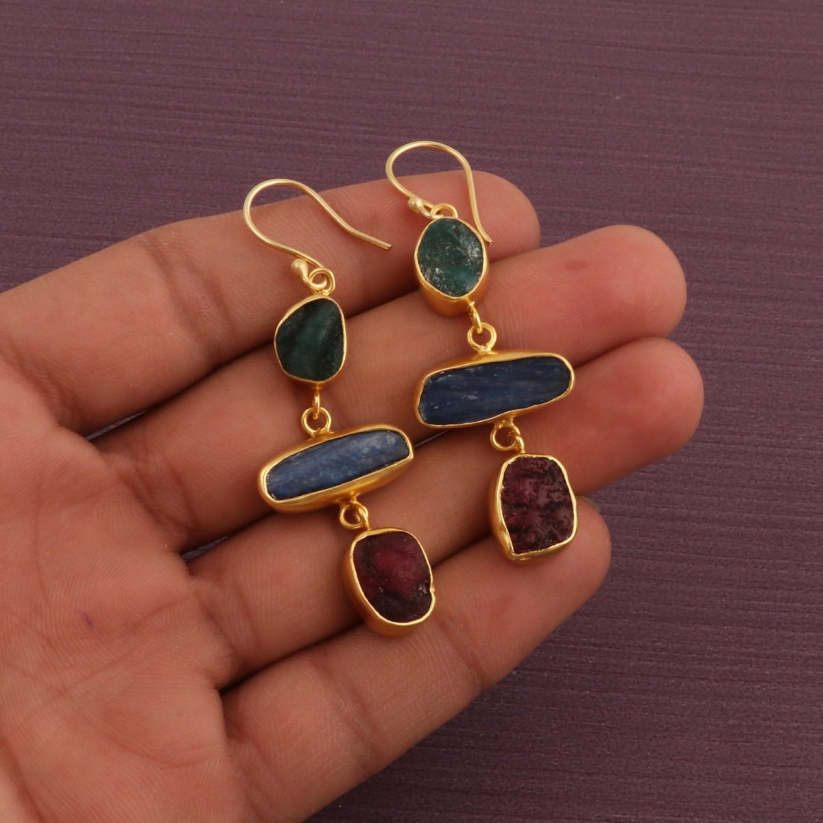 Gold Plated Triple Stone Drop Earrings, Minimalist Multi Raw Gemstone Earrings 5284