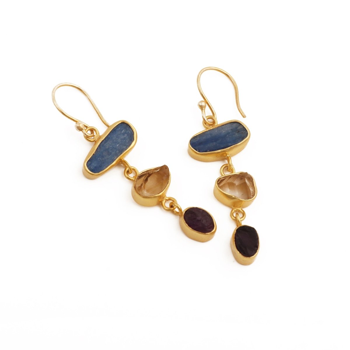 Gold Plated Triple Stone Drop Earrings, Minimalist Multi Raw Gemstone Earrings 5284