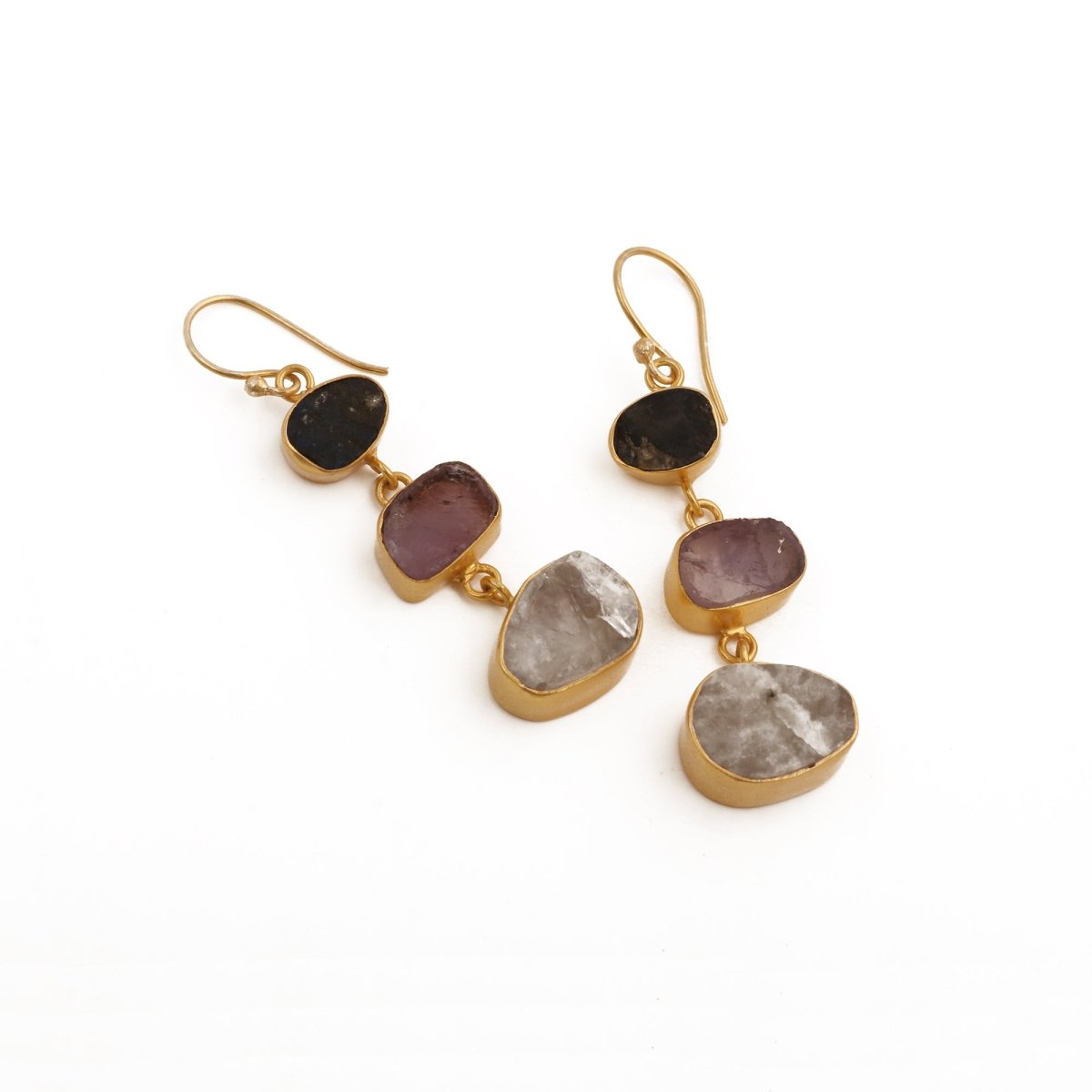 Gold Plated Triple Stone Drop Earrings, Minimalist Multi Raw Gemstone Earrings 5284