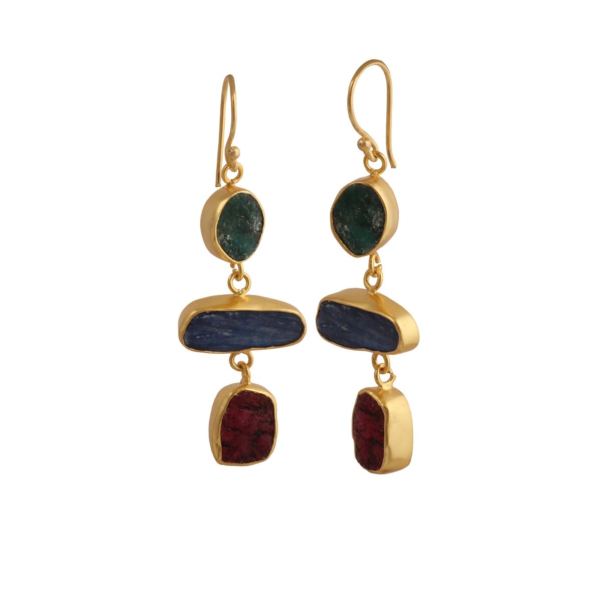 Gold Plated Triple Stone Drop Earrings, Minimalist Multi Raw Gemstone Earrings 5284