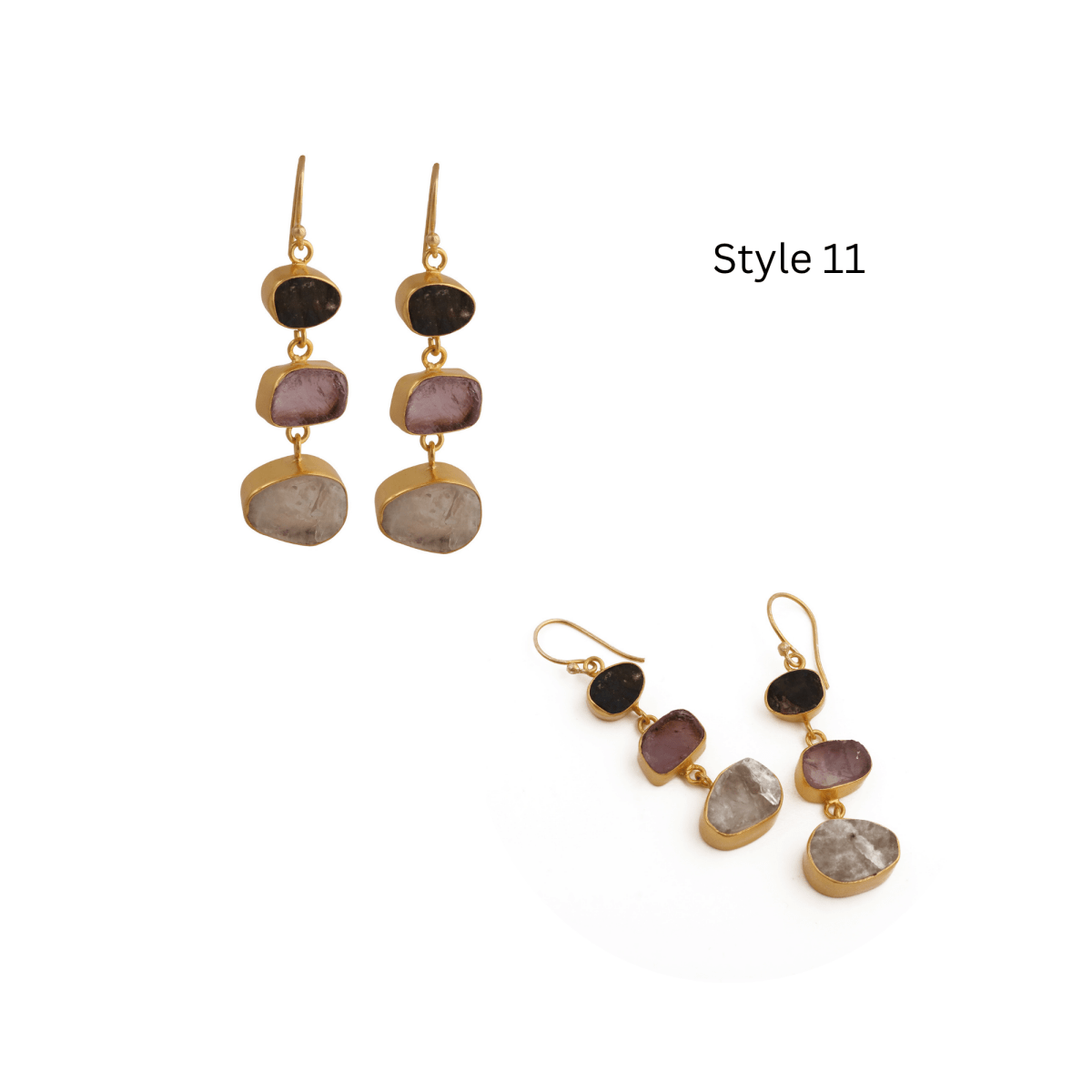 Gold Plated Triple Stone Drop Earrings, Minimalist Multi Raw Gemstone Earrings 5284