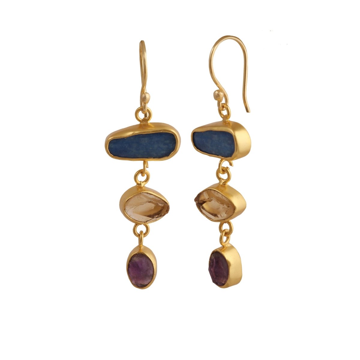 Gold Plated Triple Stone Drop Earrings, Minimalist Multi Raw Gemstone Earrings 5284