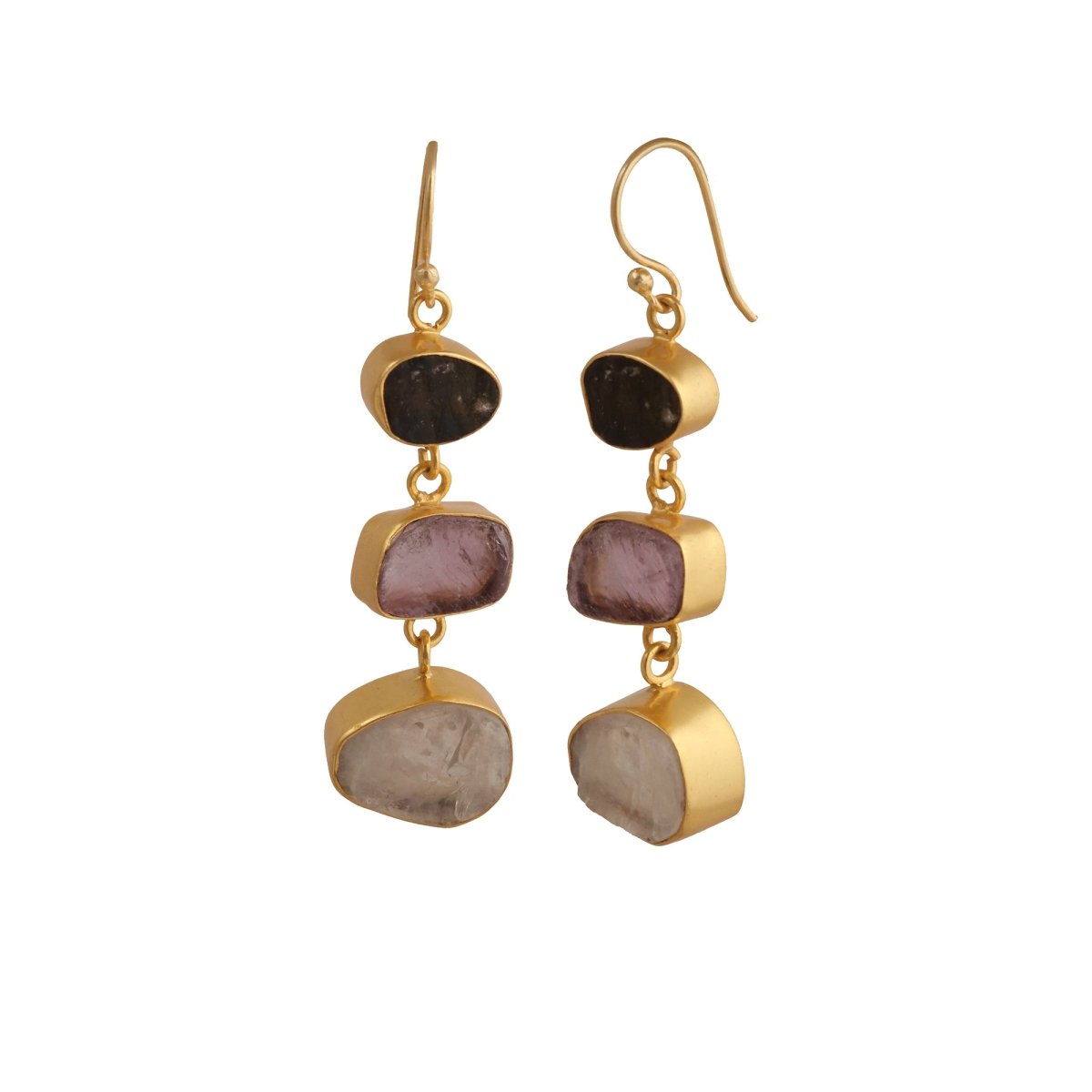 Gold Plated Triple Stone Drop Earrings, Minimalist Multi Raw Gemstone Earrings 5284