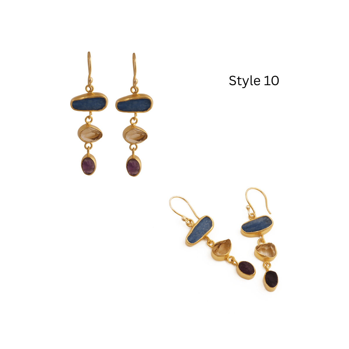 Gold Plated Triple Stone Drop Earrings, Minimalist Multi Raw Gemstone Earrings 5284