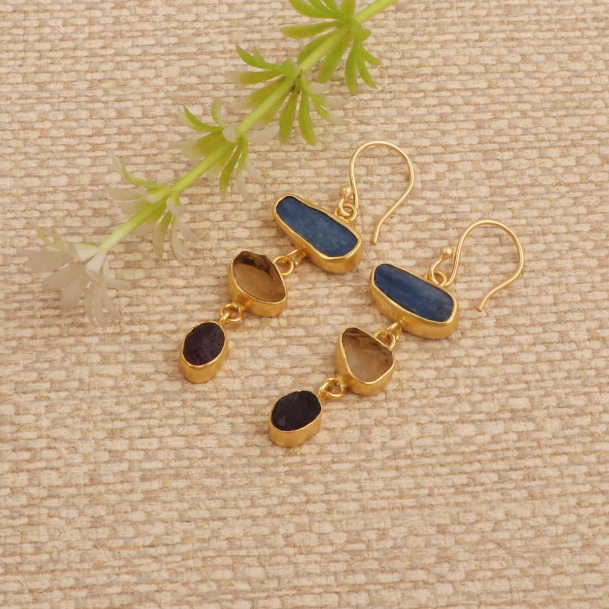 Gold Plated Triple Stone Drop Earrings, Minimalist Multi Raw Gemstone Earrings 5284