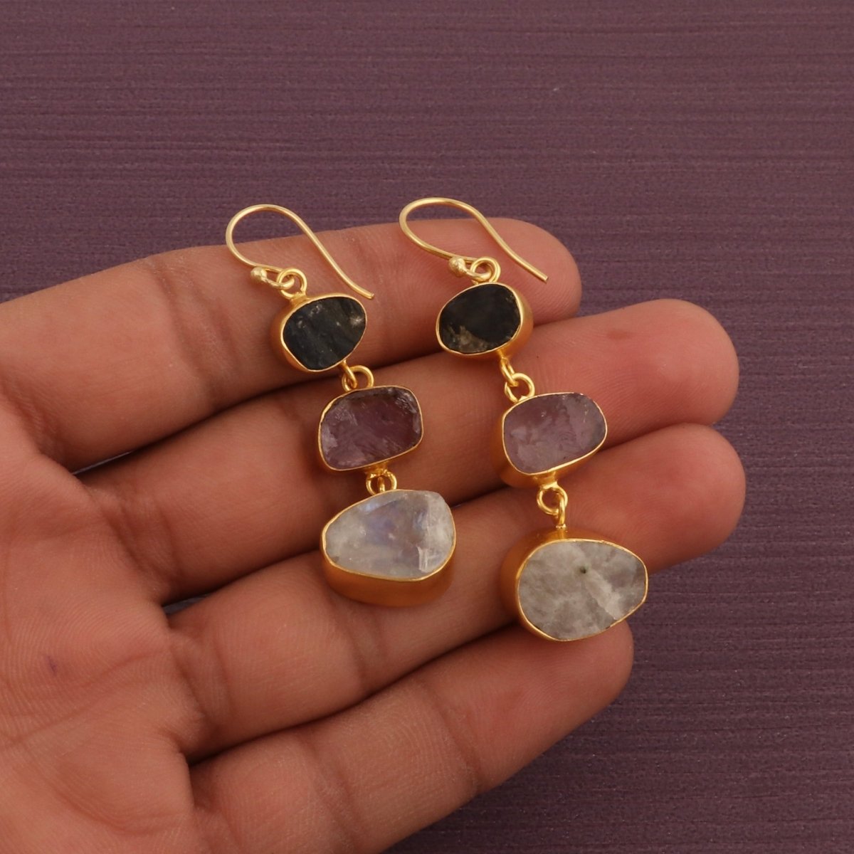 Gold Plated Triple Stone Drop Earrings, Minimalist Multi Raw Gemstone Earrings 5284