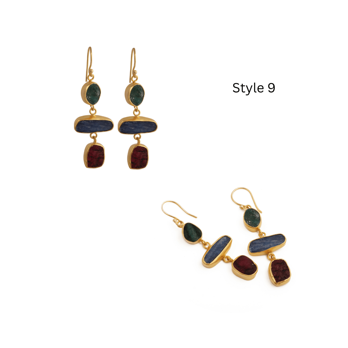 Gold Plated Triple Stone Drop Earrings, Minimalist Multi Raw Gemstone Earrings 5284