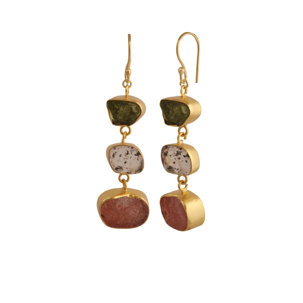 Gold Plated Triple Stone Drop Earrings, Minimalist Multi Raw Gemstone Earrings 5284