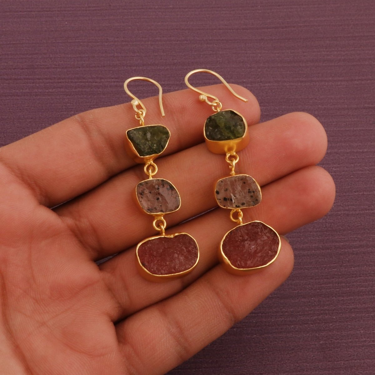 Gold Plated Triple Stone Drop Earrings, Minimalist Multi Raw Gemstone Earrings 5284