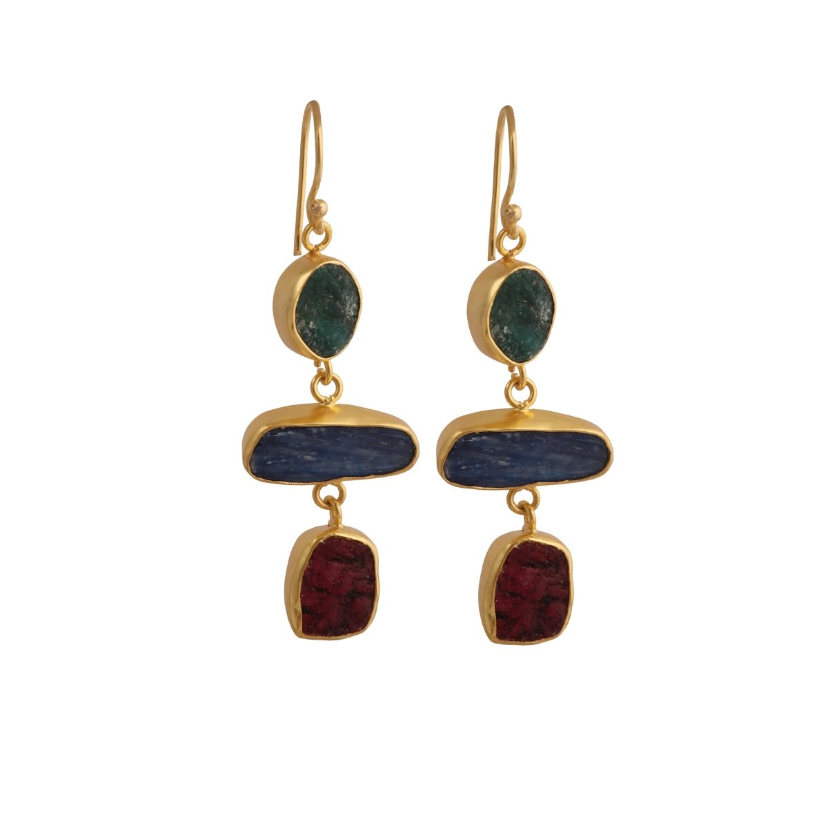 Gold Plated Triple Stone Drop Earrings, Minimalist Multi Raw Gemstone Earrings 5284
