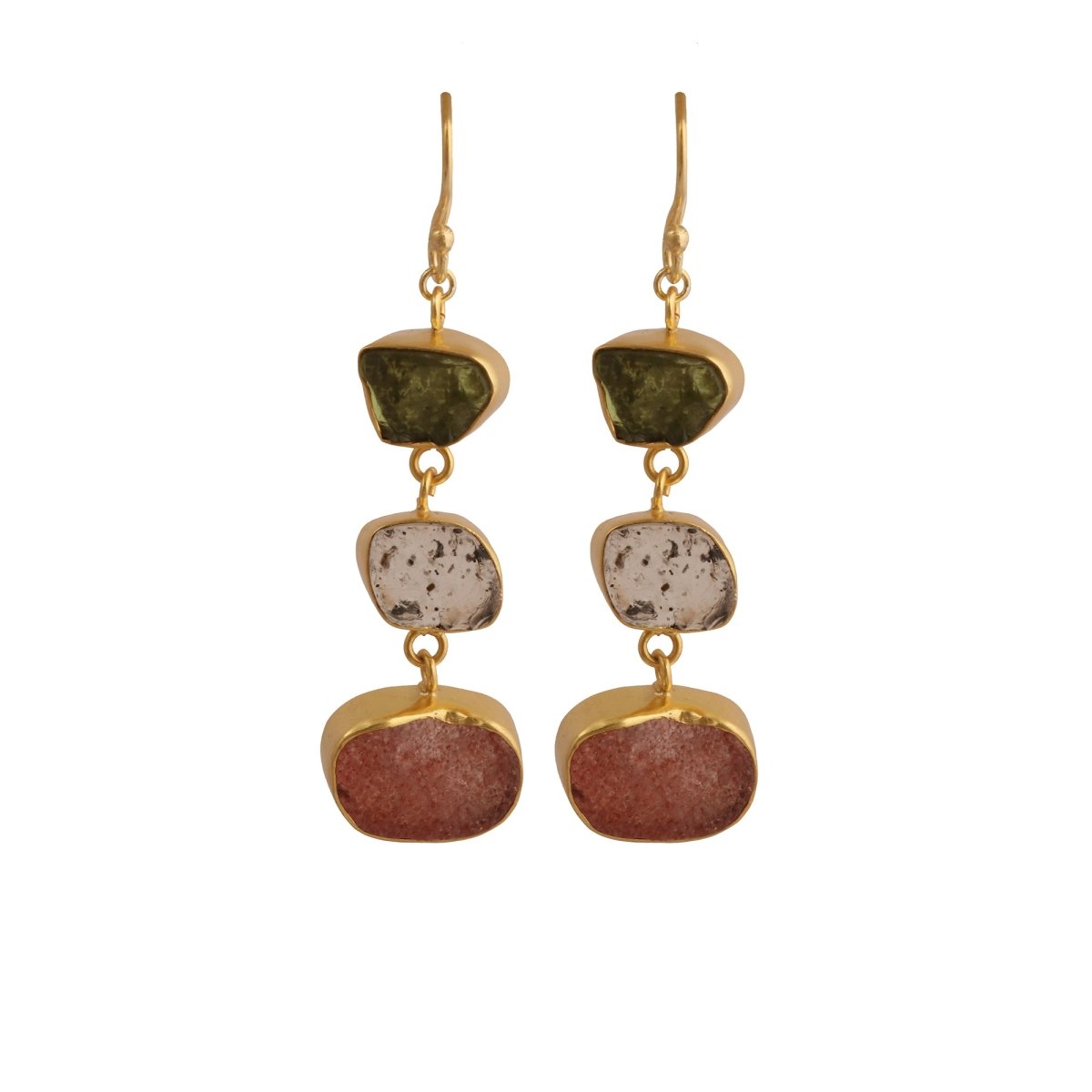 Gold Plated Triple Stone Drop Earrings, Minimalist Multi Raw Gemstone Earrings 5284