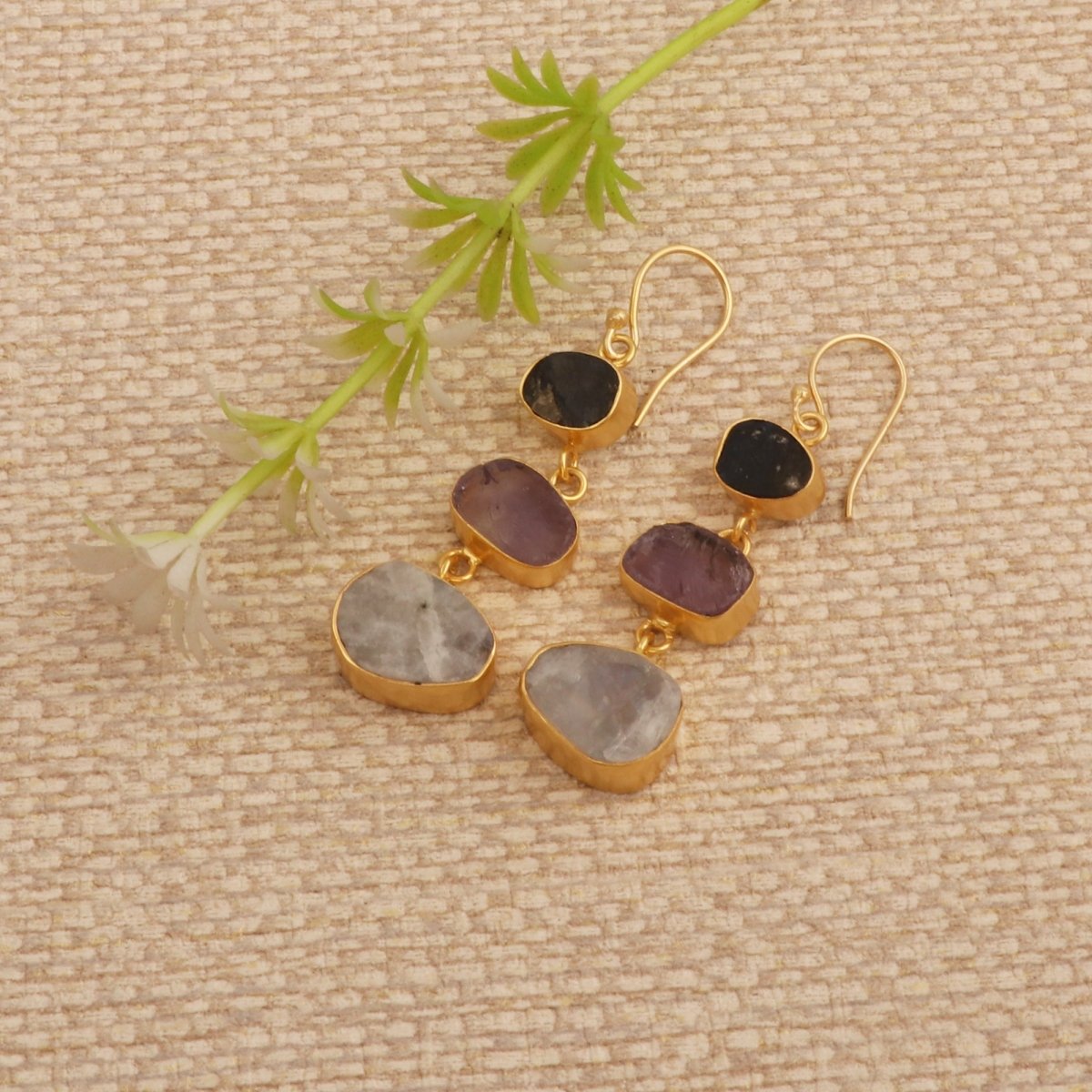 Gold Plated Triple Stone Drop Earrings, Minimalist Multi Raw Gemstone Earrings 5284