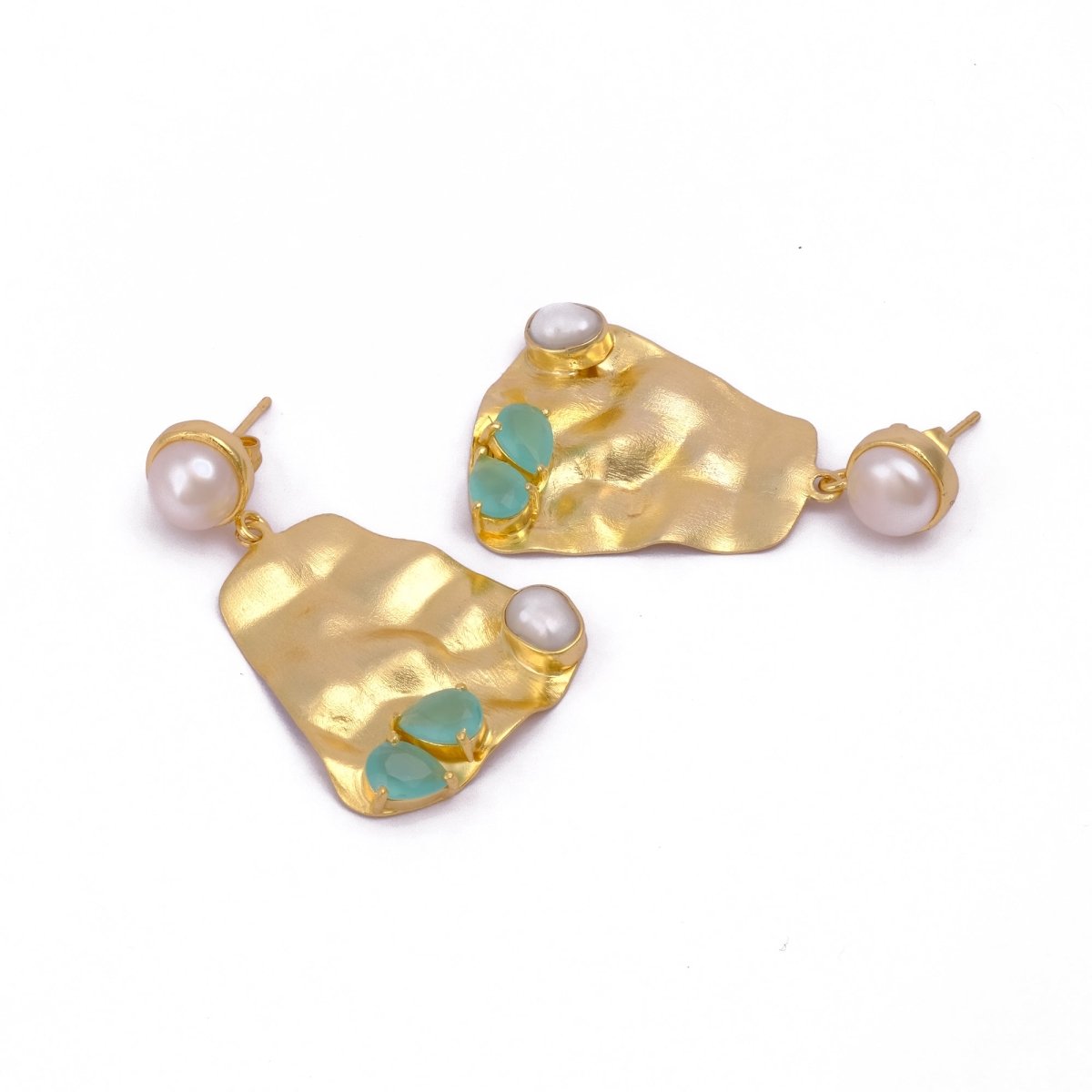 Gold Textured Statement Earrings in Hammered Gold with Pearl & Aqua Chalcedony Accents, Prong Set Dangle Stud Earrings, Gift For Her. S