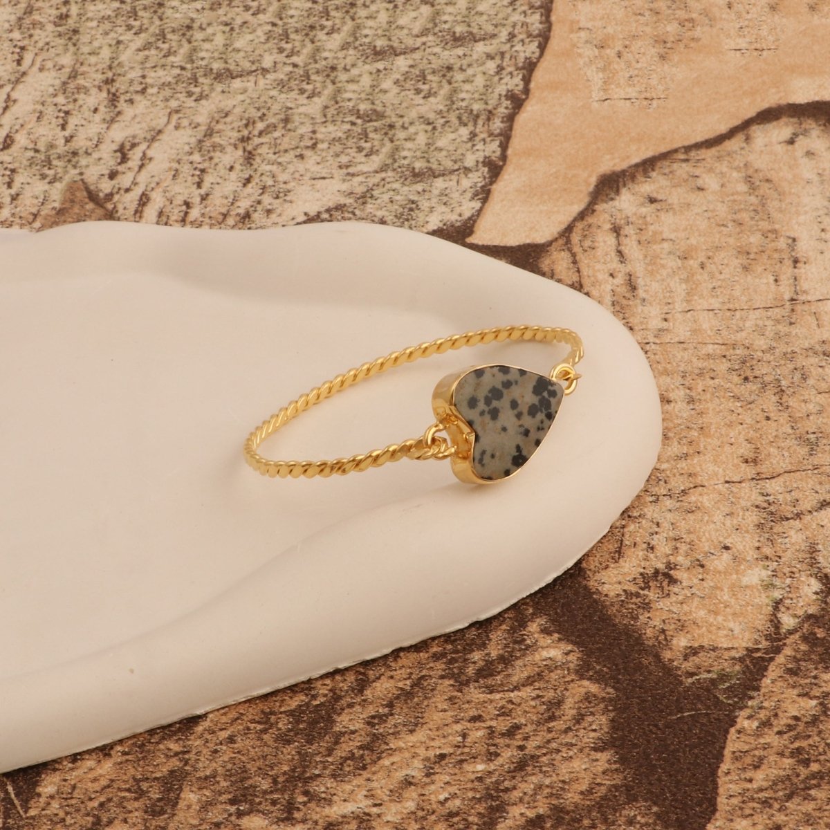 Gold Twisted Wire Heart Bangle, Natural Moss Agate Gemstone Jewelry 5050