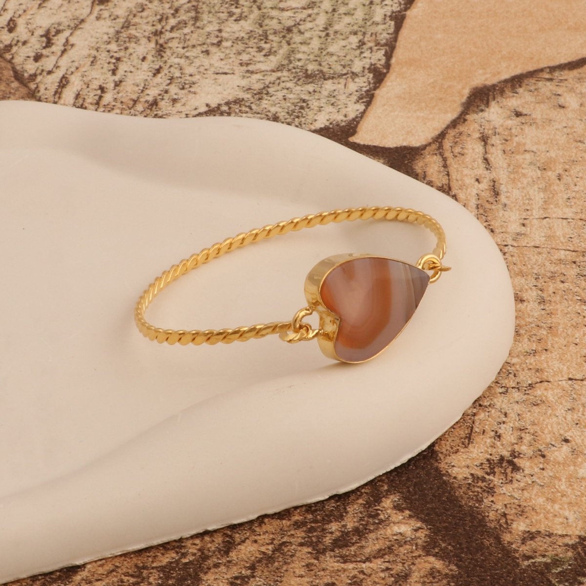 Gold Twisted Wire Heart Bangle, Natural Moss Agate Gemstone Jewelry 5050