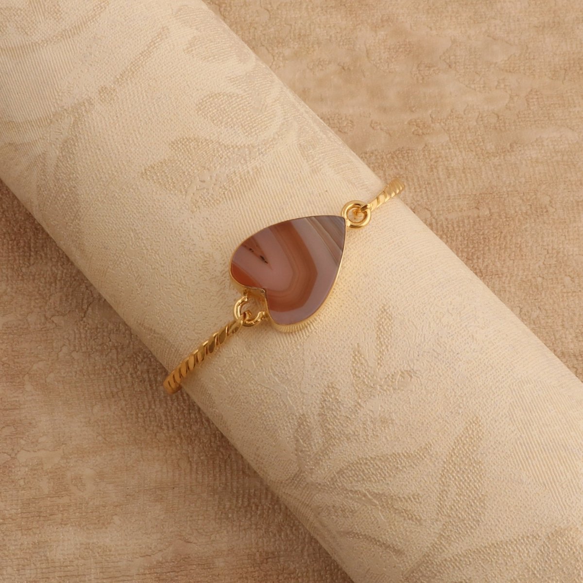 Gold Twisted Wire Heart Bangle, Natural Moss Agate Gemstone Jewelry 5050